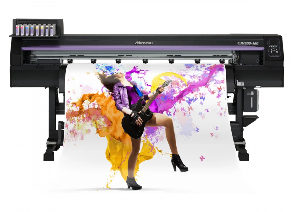 Imagem já publicada de uma impressora Mimaki produzindo um material colorido